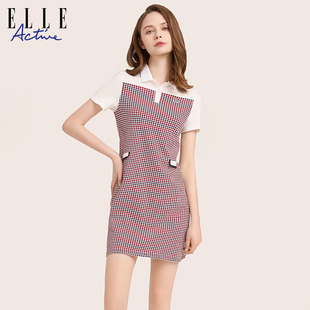 ELLE Active高级感优雅格纹连衣裙2026春夏新款白色polo领裙子棉