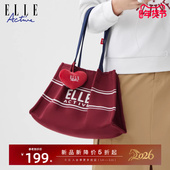 ELLE Active户外休闲红色女包运动风飞织字母托特包大容量斜挎包