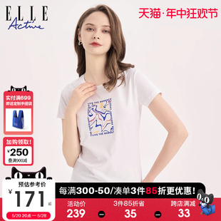 新款 ELLE t恤女夏季 显瘦透气简约上衣 Active印花圆领短袖 2024修身