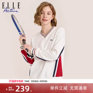 小众洋气减龄上衣 白色V领卫衣女休闲宽松套头衫 ELLE Active春秋季