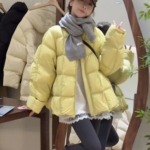 新品圆领泡芙方格子羽绒服女2024冬季新款宽松百搭显瘦面包服外套