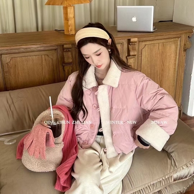 羽绒服2024冬季新款羊羔毛拼接娃娃领女短款小个子白鸭绒网红外套