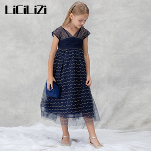 2024夏新款 LiCiLiZi粒子童装 宝蓝色小女孩公主网纱V领连衣裙礼服