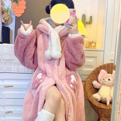 玲娜贝儿加绒加厚珊瑚绒睡衣女秋冬季法兰绒连帽睡袍可爱卡通浴袍
