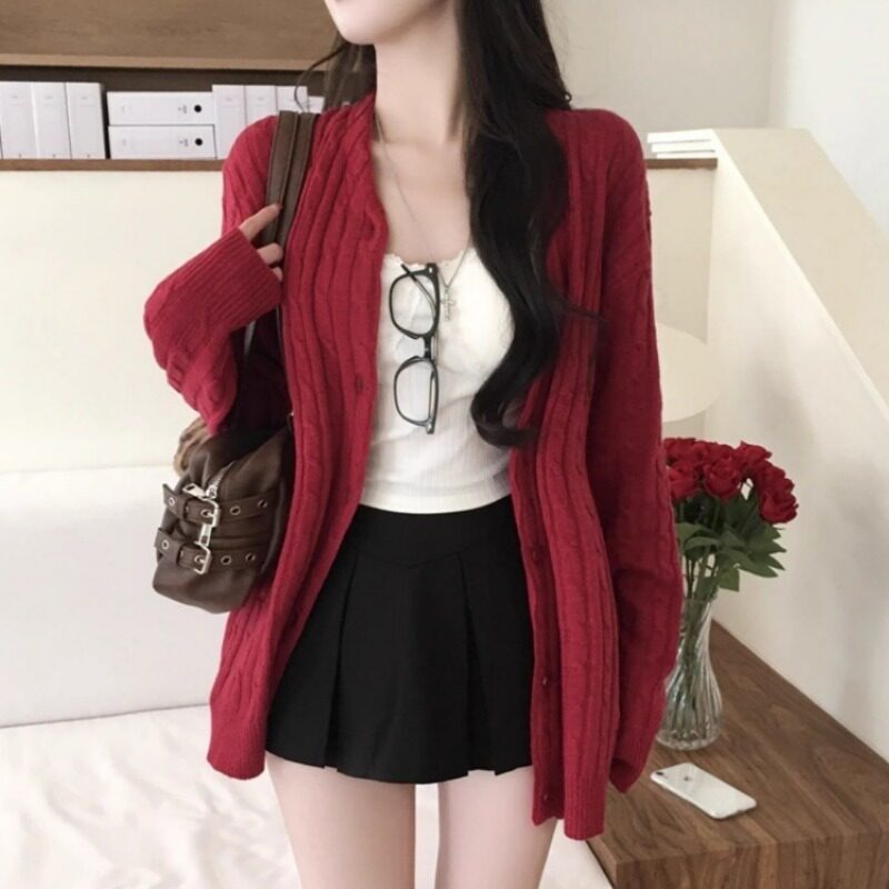 韩国东大门女装秋冬新款洋气纯色麻花纹V领针织开衫时尚百搭外套