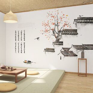 3D中式手绘古典江南水乡画墙纸徽派建筑水墨画火锅店茶室装饰壁纸