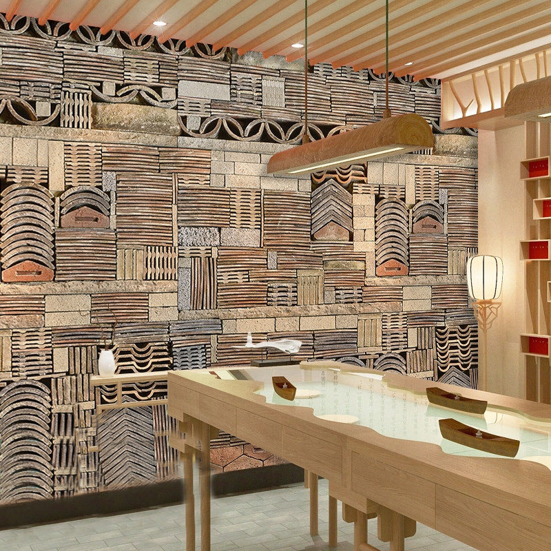 古砖瓦墙纸3d立体艺术瓦片背景墙布饭店餐厅火锅店古典装修壁纸