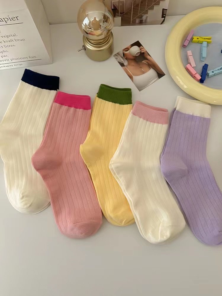 甜美糖果纯色ins风袜子女中筒袜春秋夏季撞色日系可爱纯棉堆堆袜