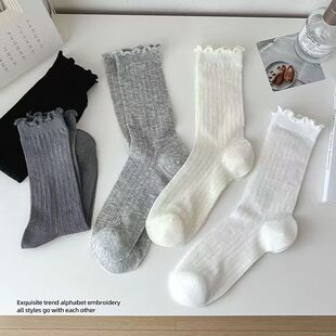 花边袜子中筒春夏季 透气网眼miu风洛丽塔袜子白色堆堆袜 女士薄款