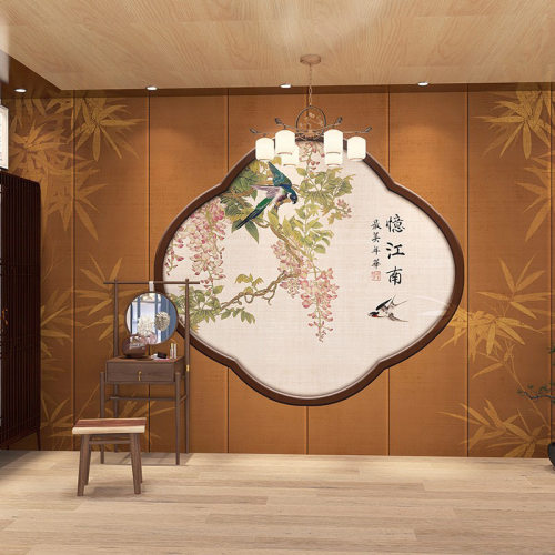 3d新中式古风花鸟墙纸火锅店饭店包厢壁画茶室书房直播间背景壁纸