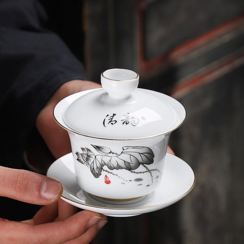 盖碗白瓷功夫茶杯三才盖碗敬茶碗德化白瓷茶具茶杯LOGO制作