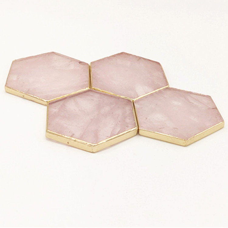 跨境天然粉水晶咖啡金边杯垫随形六边形隔热餐垫美甲盘圆形杯托图片