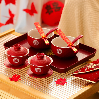 结婚敬茶杯套装一对红色喜碗筷