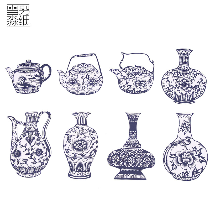 青花瓷剪纸窗花贴纸中国风纯手工剪纸作品青花瓷图案装饰玻璃贴