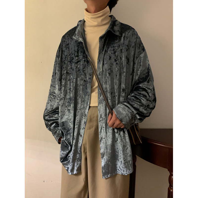 벨벳 셔츠 하이엔드 레이지 스타일 가디건 탑 빈티지 봄 가을 커플 코트 남성용 틈새 드레이프 셔츠