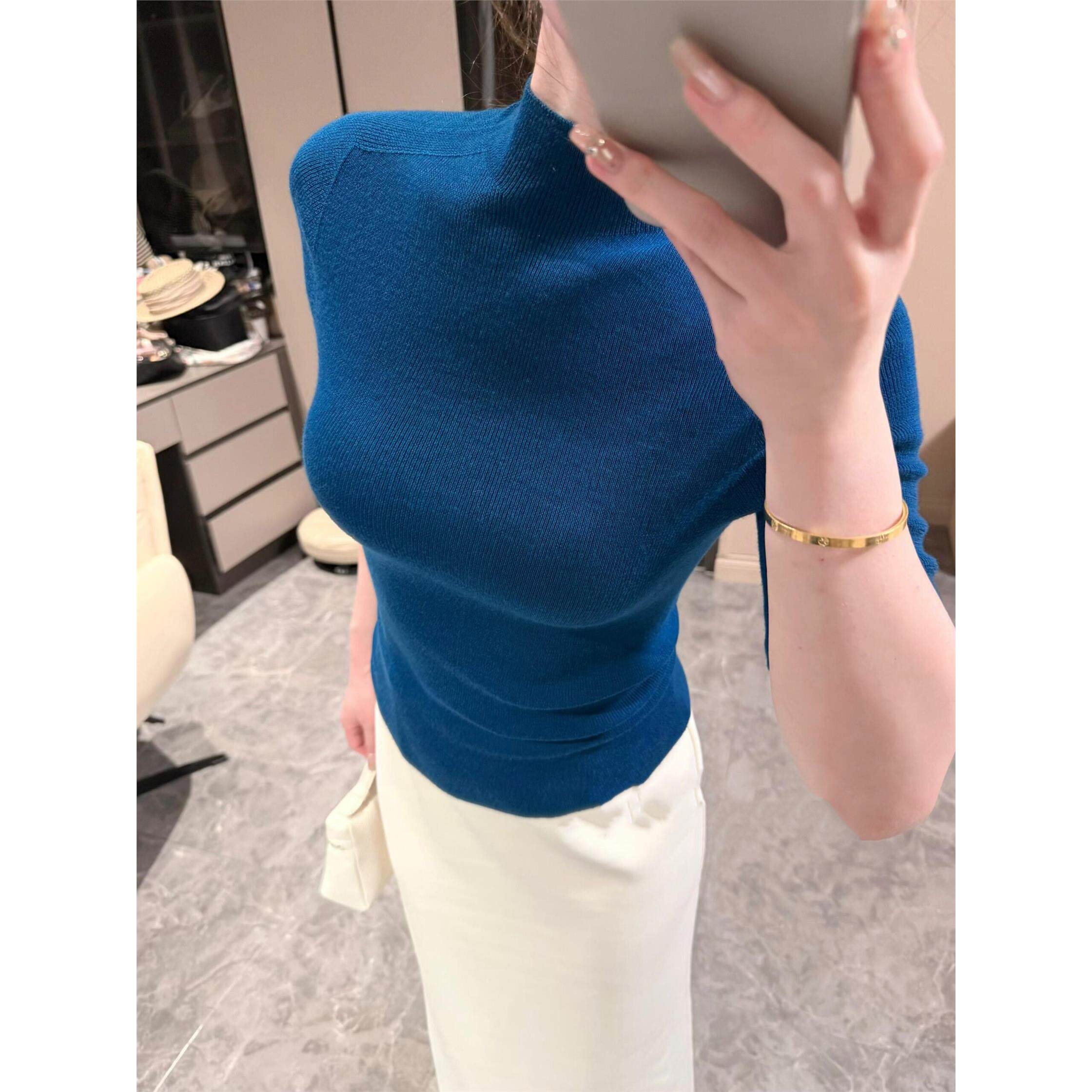 2025秋季新品亲肤半高领五分袖打底衫女紧身薄款针织中袖气质上衣