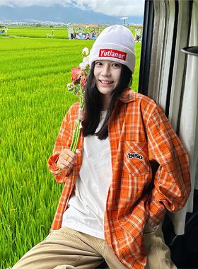 besober橙色刺绣格子衬衫女男款秋季宽松慵懒风格纹衬衣覆古外套