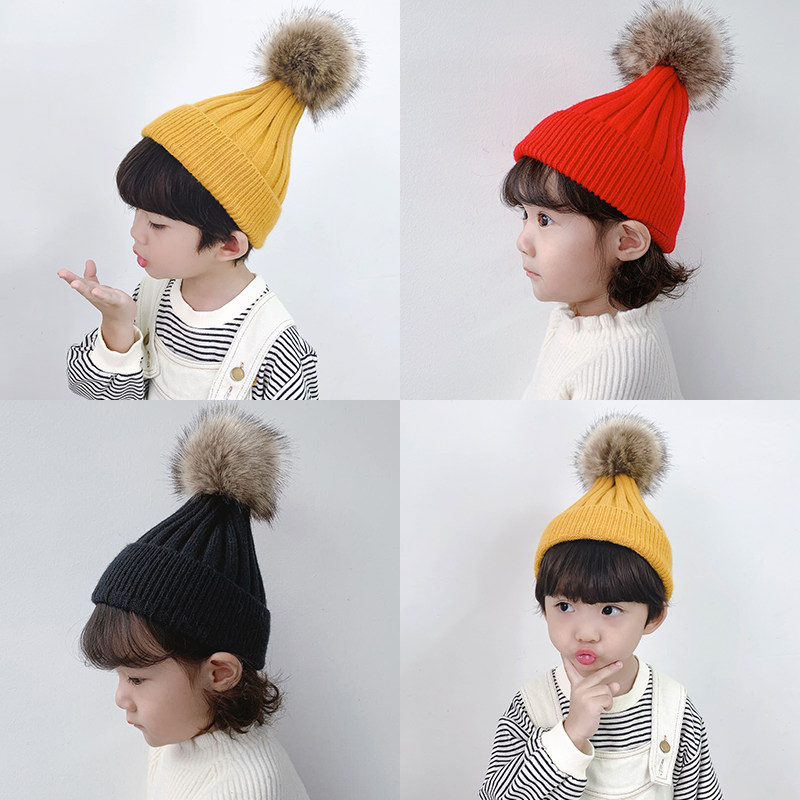 儿童帽子秋冬加绒毛线帽小孩护耳针织宝宝男女童真貉子毛球婴幼潮