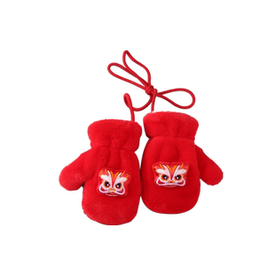 新年红色儿童虎头手套冬季女童宝宝醒狮男童女童连指挂脖包指小孩