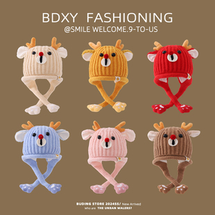 宝宝帽子冬季麋鹿护耳帽男孩女童针织帽秋冬天加厚保暖儿童毛线帽