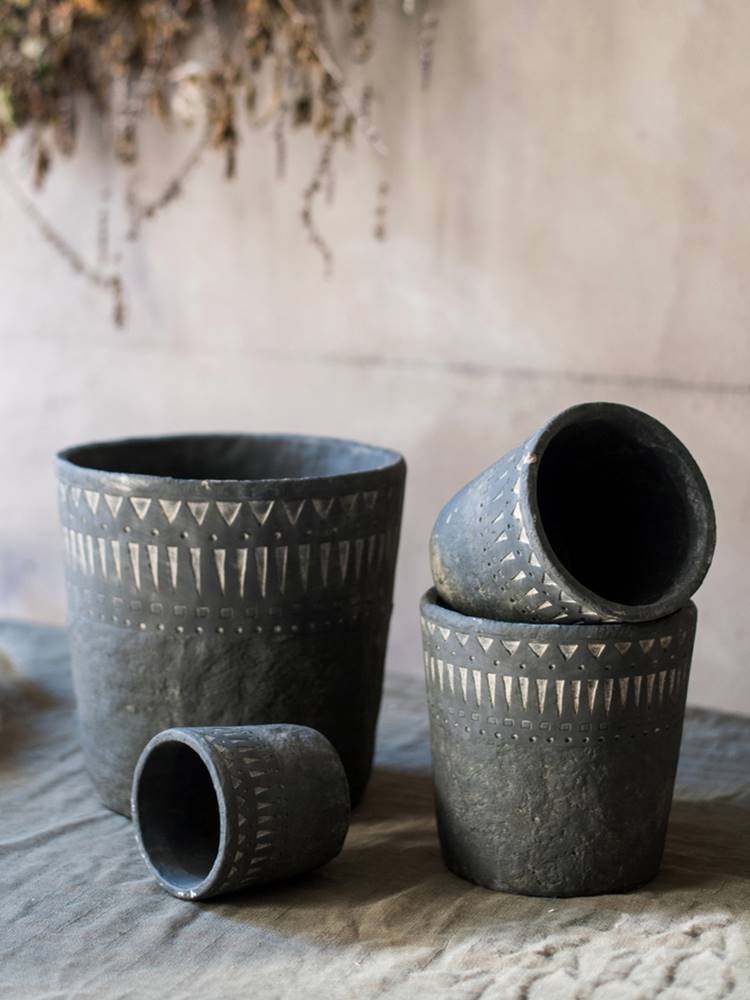 创意非洲元素复古黑陶色水泥装饰花器种菜盆栽盆高档园艺多肉花盆