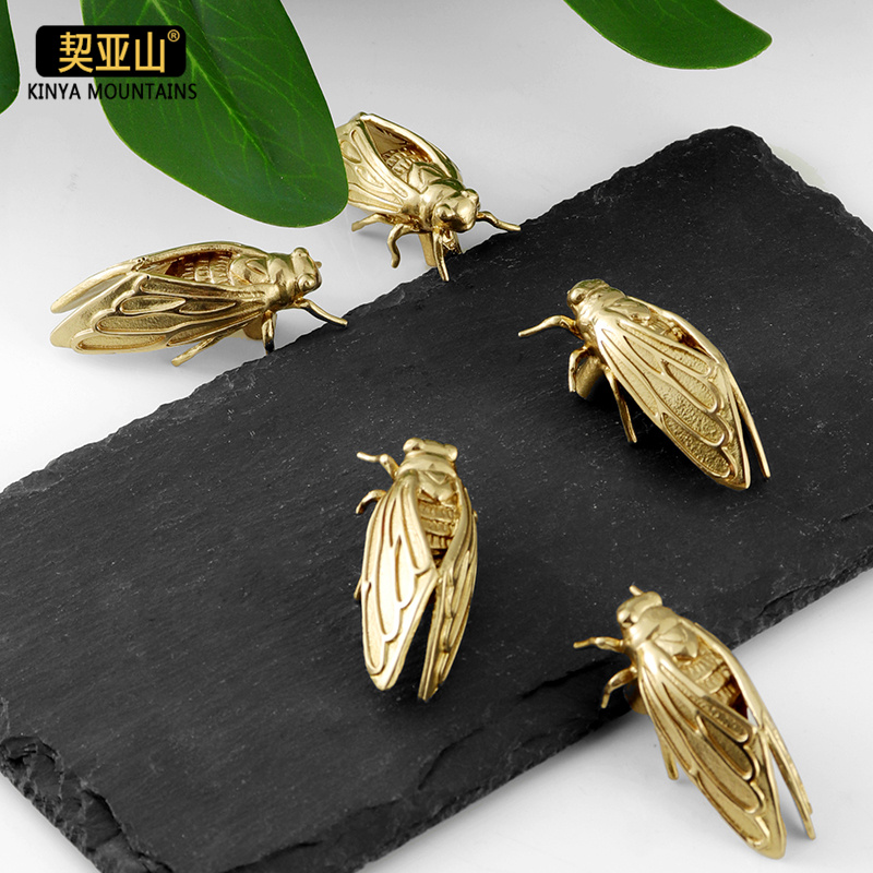 金色黄铜金蝉小拉手柜门鞋柜橱柜儿童房田园ins风纯铜柜门小把手