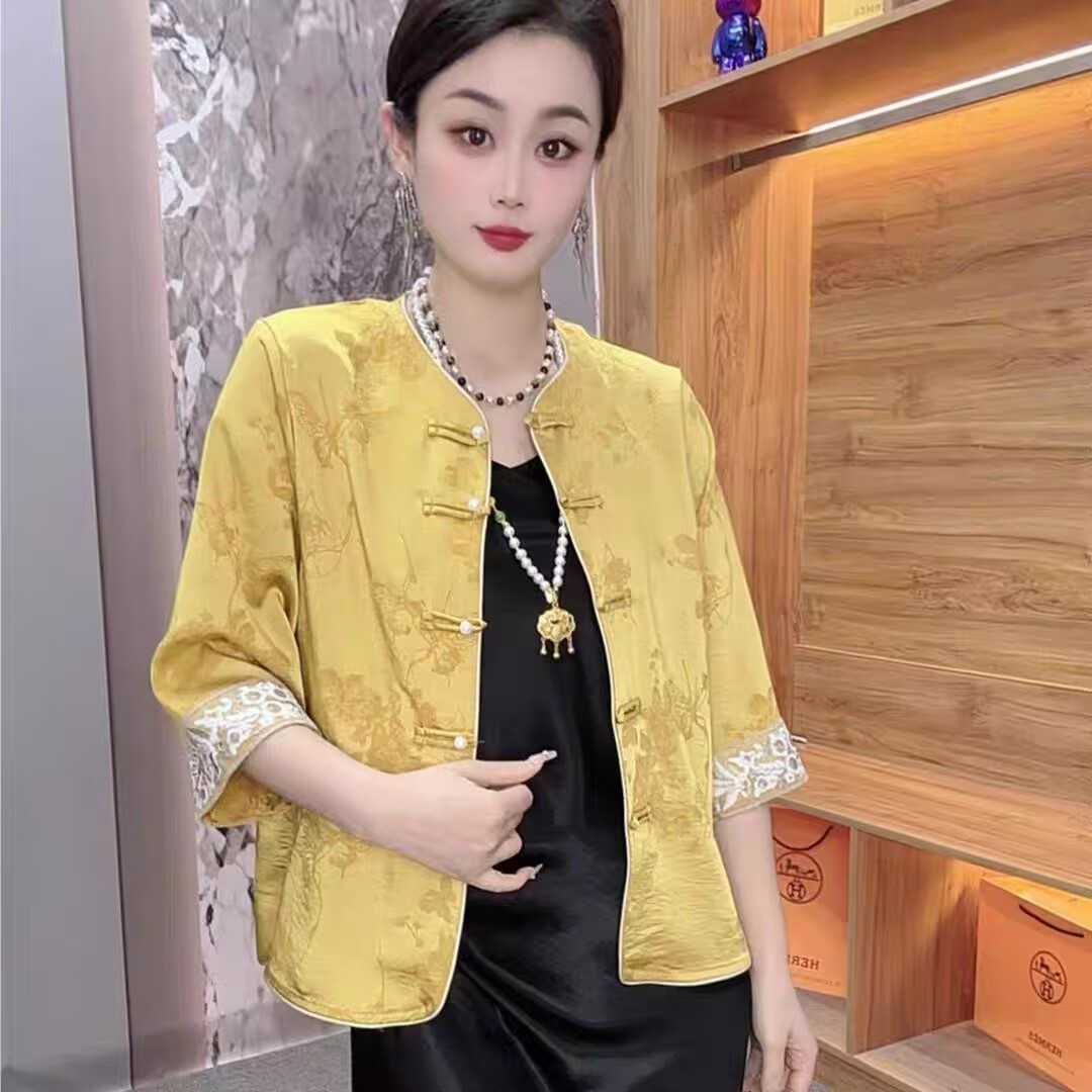 粉色外套女薄款新中式防晒衣外搭高级感夏七分袖开衫上衣缎面国风