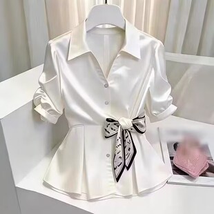 白色泡泡袖翻领衬衫女款2026夏季新款设计感丝巾收腰显瘦气质上衣