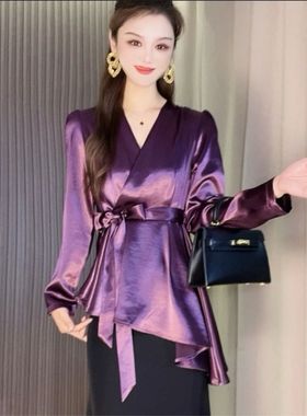 法式紫色缎面衬衫新款高级衬衣气质小众设计绑带收腰上衣不规则
