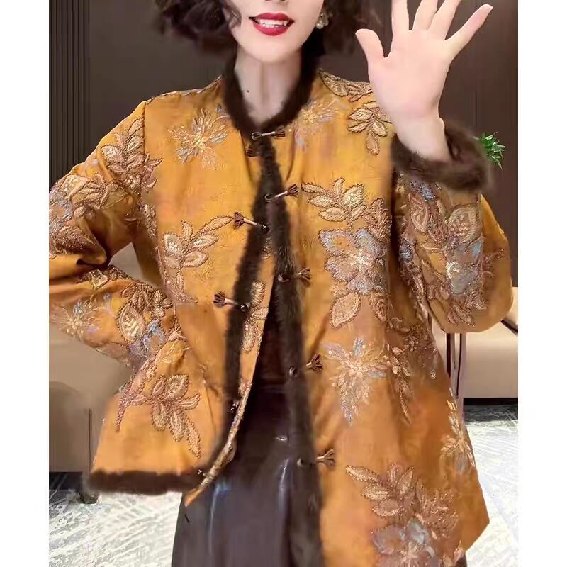 复古提花盘扣棉服女中式国风夹棉外套保暖毛边2025年冬装新款女