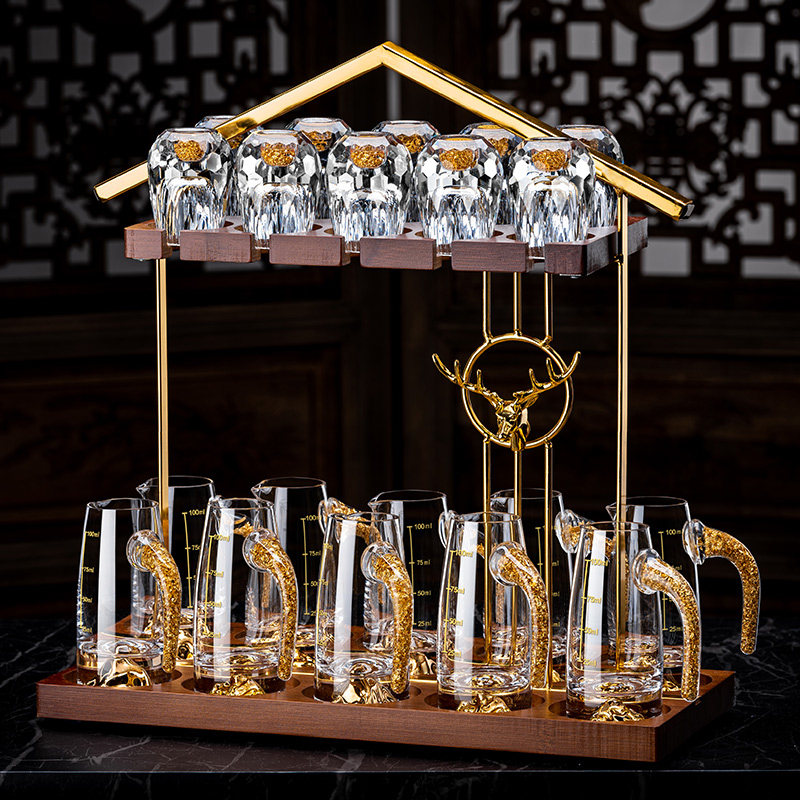 高档轻奢水晶玻璃白酒杯套装家用中式一口小酒杯子金箔分酒器酒具