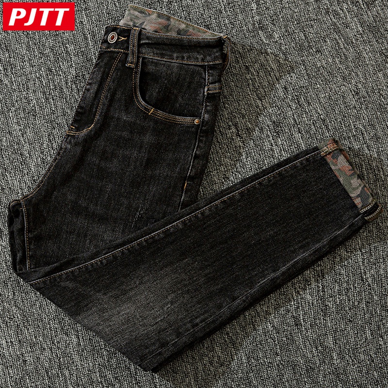 潮牌早春黑灰色牛仔裤男修身韩版百搭2022高端弹力印花底小脚长裤