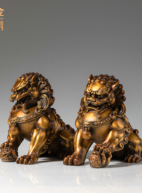 《宫门狮》铜金岁月黄铜狮子摆件新中式工艺品客厅玄关桌面装饰品