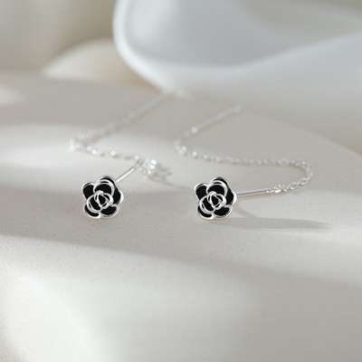 新款耳线女纯银银耳环9999纯银女正品9足银流苏正品黑色山茶花长
