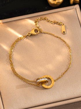 钛钢不掉色简约罗马数字双环手链女气质镶钻轻奢百搭网红手饰