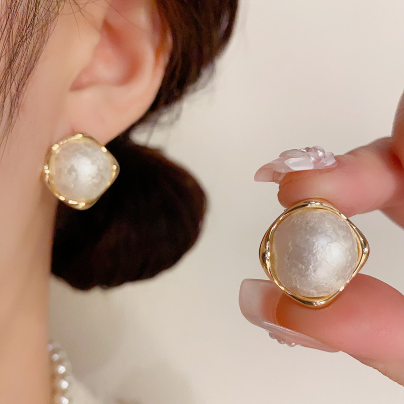 925银针温柔气质百搭复古棉花珠菱形耳钉小众时尚设计感耳环