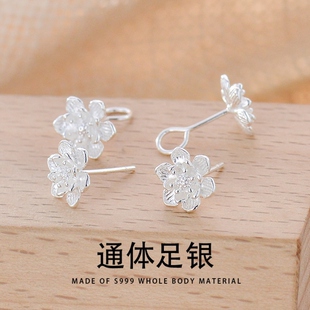 银耳环9999纯银女正品莲花足银耳钉女士真银实心新款高级感耳饰品