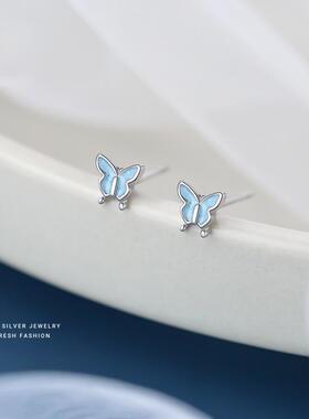 925纯银蓝色耳钉女森系简约百搭小清新小巧养耳洞耳饰滴胶E4485