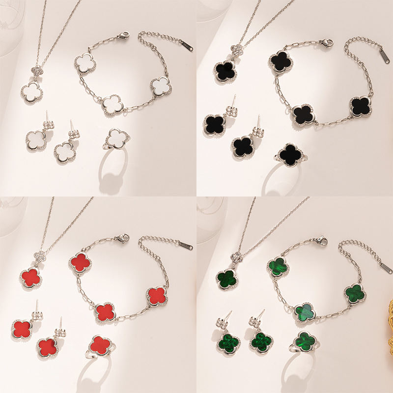 银色镶钻首饰花朵四件套装项链手链耳钉戒指女欧美气质高级感饰品