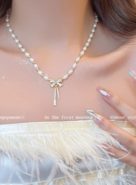 韩系结珍珠项链女甜美小众百搭串珠锁骨链设计感个性配饰