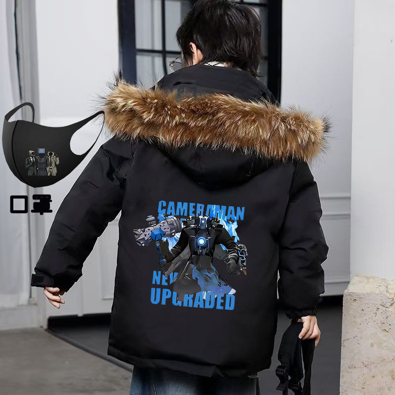 泰坦时钟监控人棉服儿童2024冬季音响电视人帅气男孩加绒加厚外套