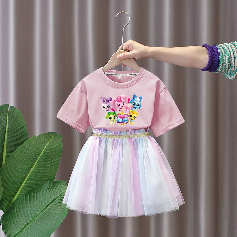 2024新款爱心奇妙萌可短裙套装韩版女夏季T-恤网纱公主风裙子套装