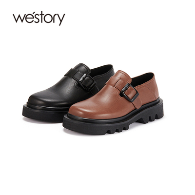westory2023秋季新款英伦风休闲真皮厚底单鞋女带扣乐福鞋73231