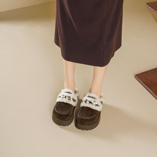 westory2025冬季毛毛勃肯鞋女厚底加绒保暖真皮毛绒包头拖鞋
