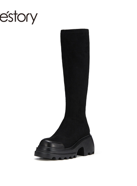 westory2023秋季新品小个子不过膝厚底长筒靴弹力复古瘦瘦靴82871