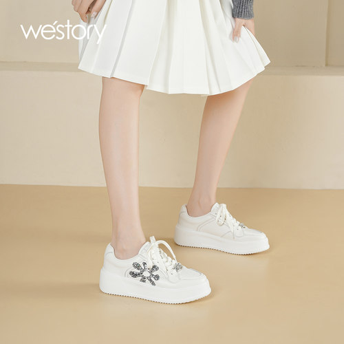 westory2026秋季新款厚底小白鞋女休闲板鞋系带百搭小个子增高鞋