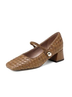 Westory2025年春季方头中粗跟真皮编织浅口单鞋57861