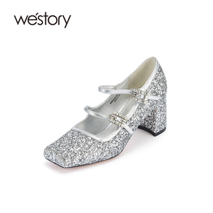 westory2024春季新款银色闪亮粗方跟浅口芭蕾玛丽珍高跟鞋女56741