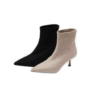 westory小猫跟烫钻尖头时装套筒百搭短靴22年秋季新款瘦瘦靴82021