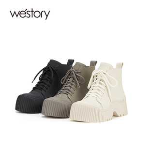 westory2023秋季新品真皮厚底增高系带圆头休闲百搭马丁靴82921
